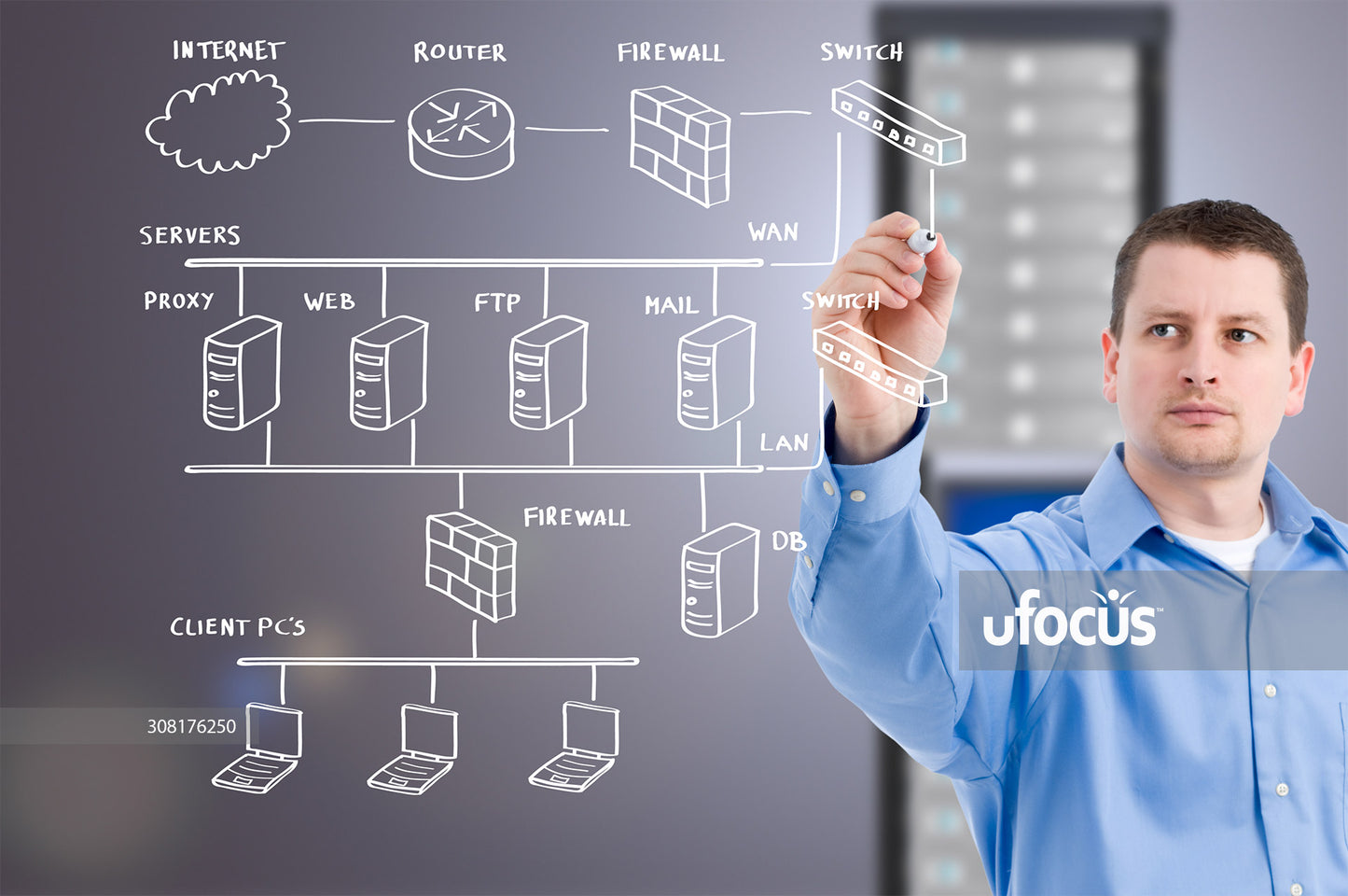 IT network support professional drawing network diagram stock photo