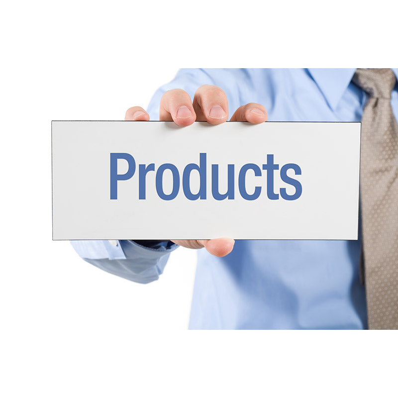 Businessman holding products sign stock photo