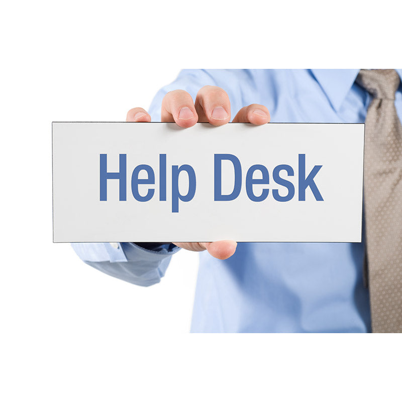 Businessman holding help desk sign stock photo