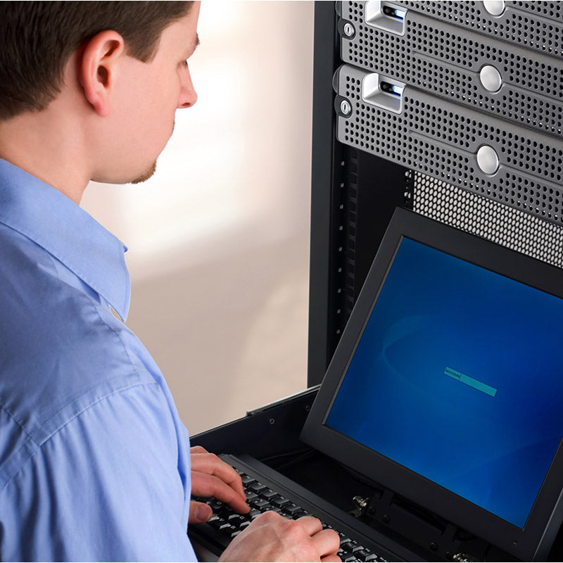 IT professional managing network servers stock photo