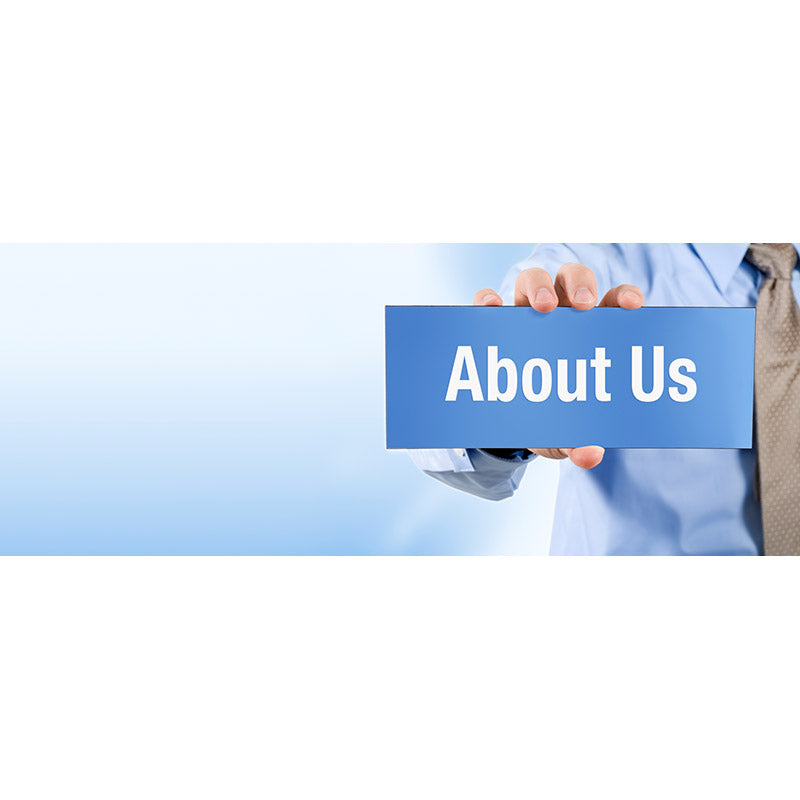 Businessman holding about us sign banner stock photo