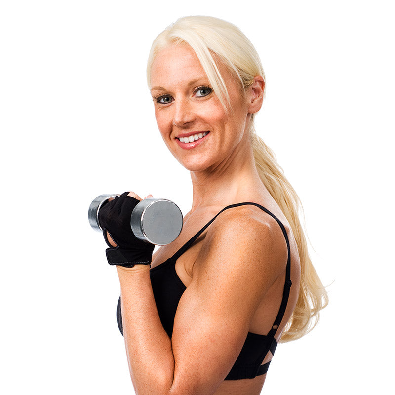Beautiful woman fitness model holding weights