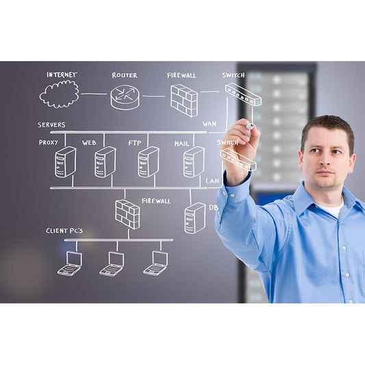 IT network support professional drawing network diagram stock photo