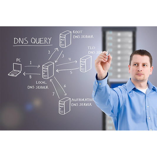 IT worker drawing a diagram of the Domain Name System (DNS) used on the Internet stock photo