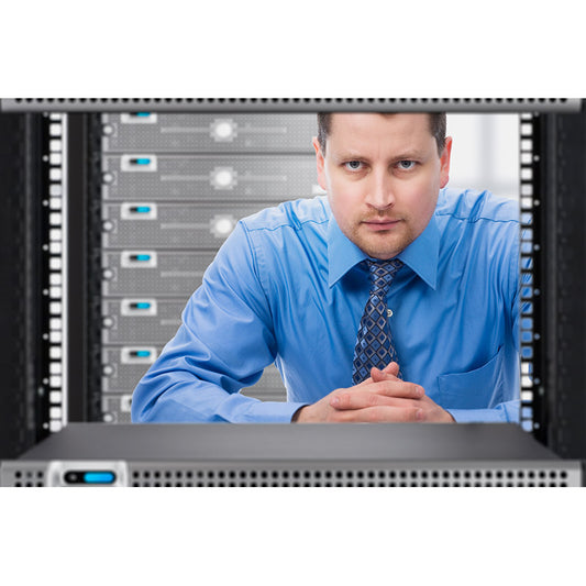 Network Administrator looking through network server rack