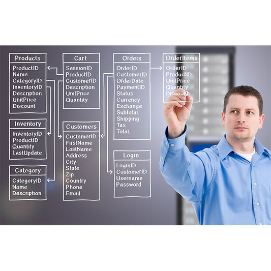 IT worker drawing E-commerce database diagram stock photo