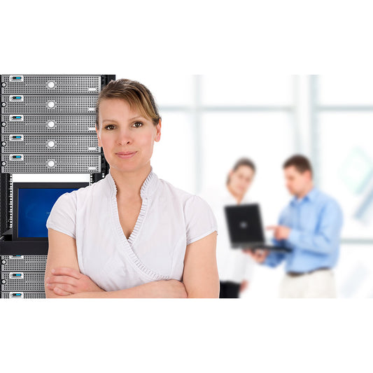 IT support team with woman in front of network servers stock photo