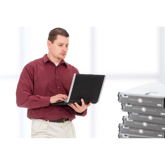 IT professional configuring network servers stock photo