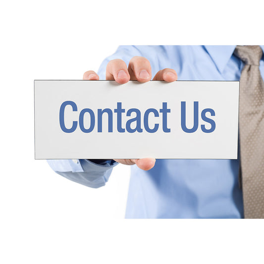 Businessman holding contact us sign stock photo