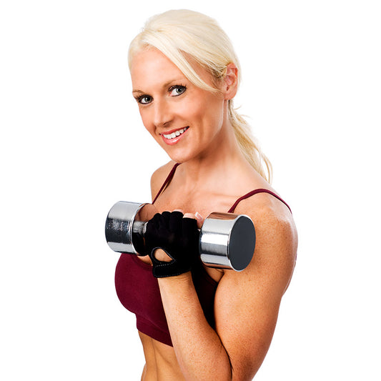 Beautiful woman fitness model holding weights